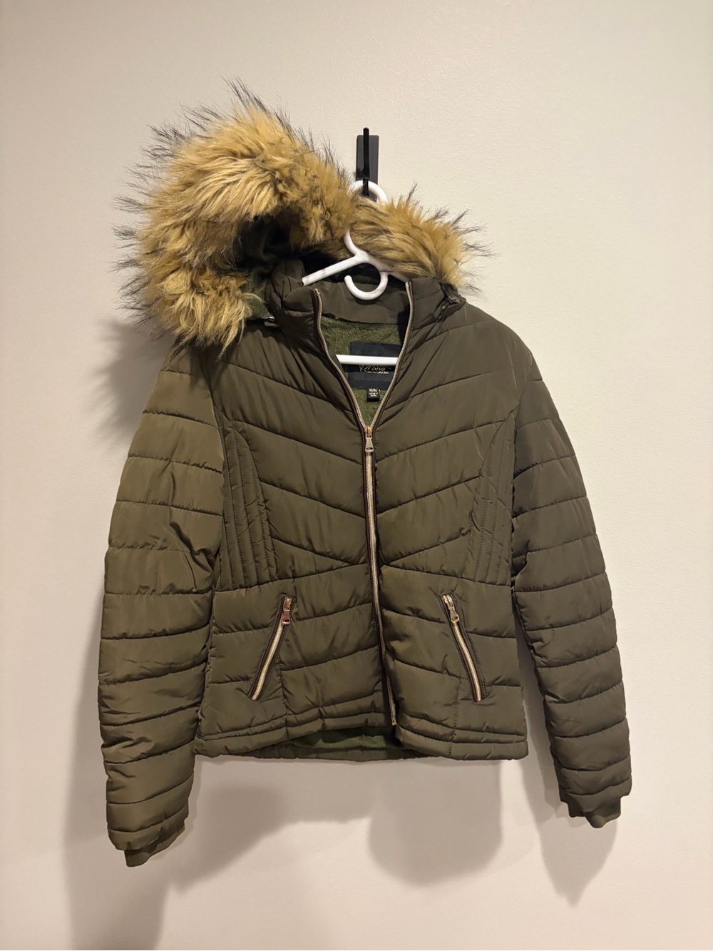 Quilted Olive Hooded Puffer Jacket with Faux Fur Trim